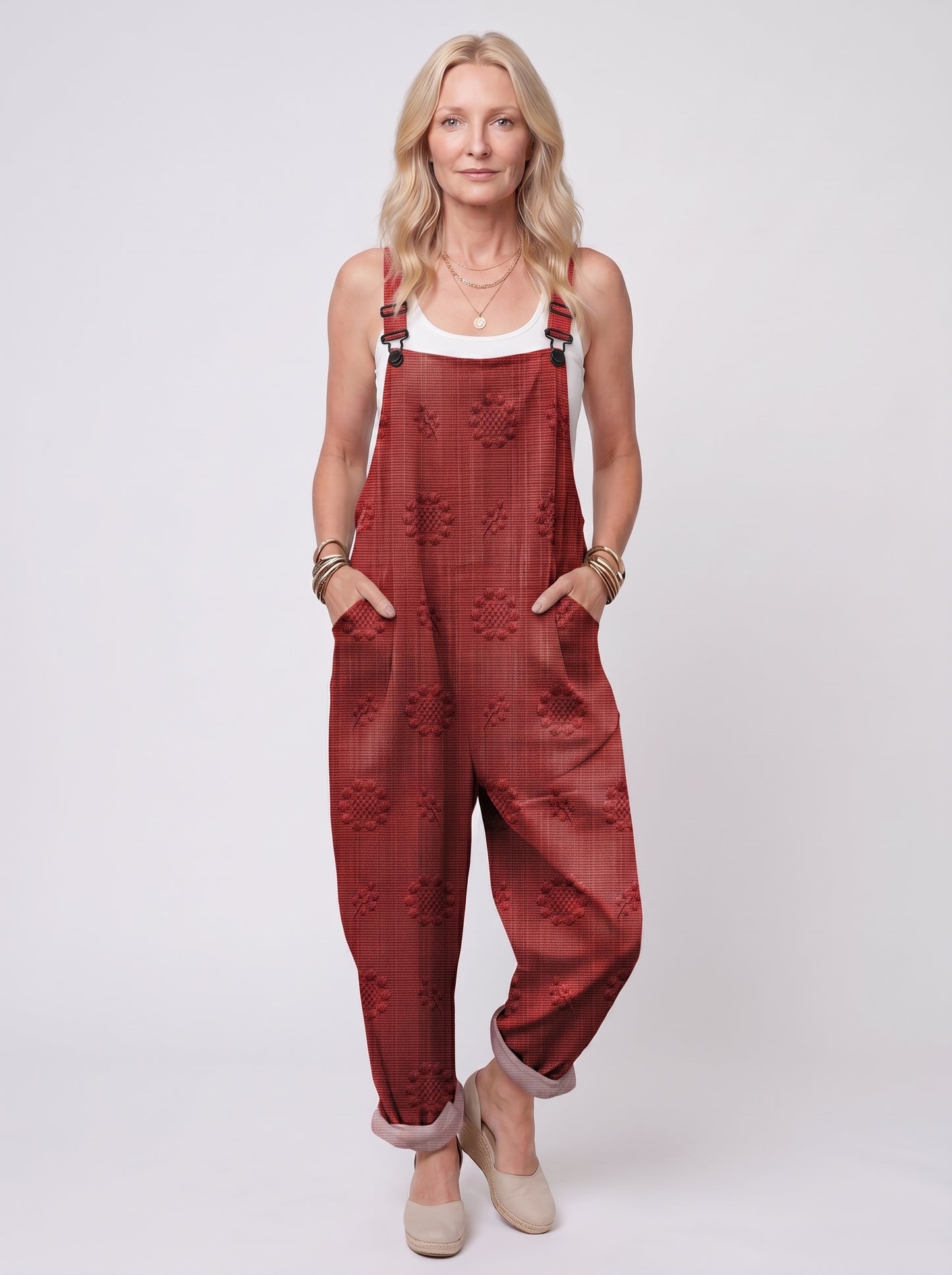 Freja - Women's Dungaree Jumpsuit with Jacquard Floral Pattern and Side Pockets — Red_front