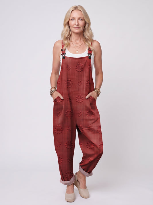 Freja - Women's Dungaree Jumpsuit with Jacquard Floral Pattern and Side Pockets — Red_front