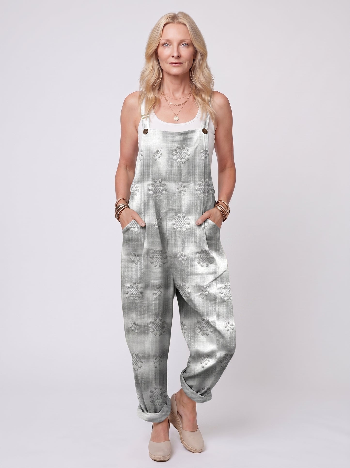 Freja - Women's Dungaree Jumpsuit with Jacquard Floral Pattern and Side Pockets — White_front