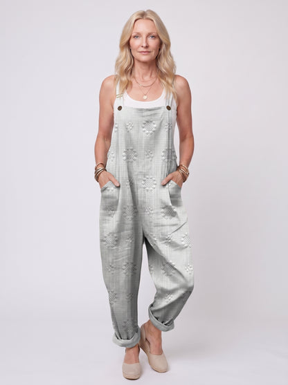 Freja - Women's Dungaree Jumpsuit with Jacquard Floral Pattern and Side Pockets — White_front