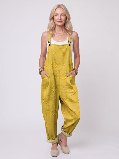 Freja - Women's Dungaree Jumpsuit with Jacquard Floral Pattern and Side Pockets — Yellow_front