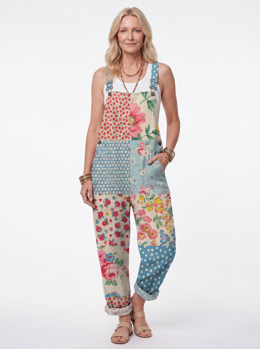 Frigg - Women's Dungaree Jumpsuit with Floral Patchwork Print and Side Pockets — front