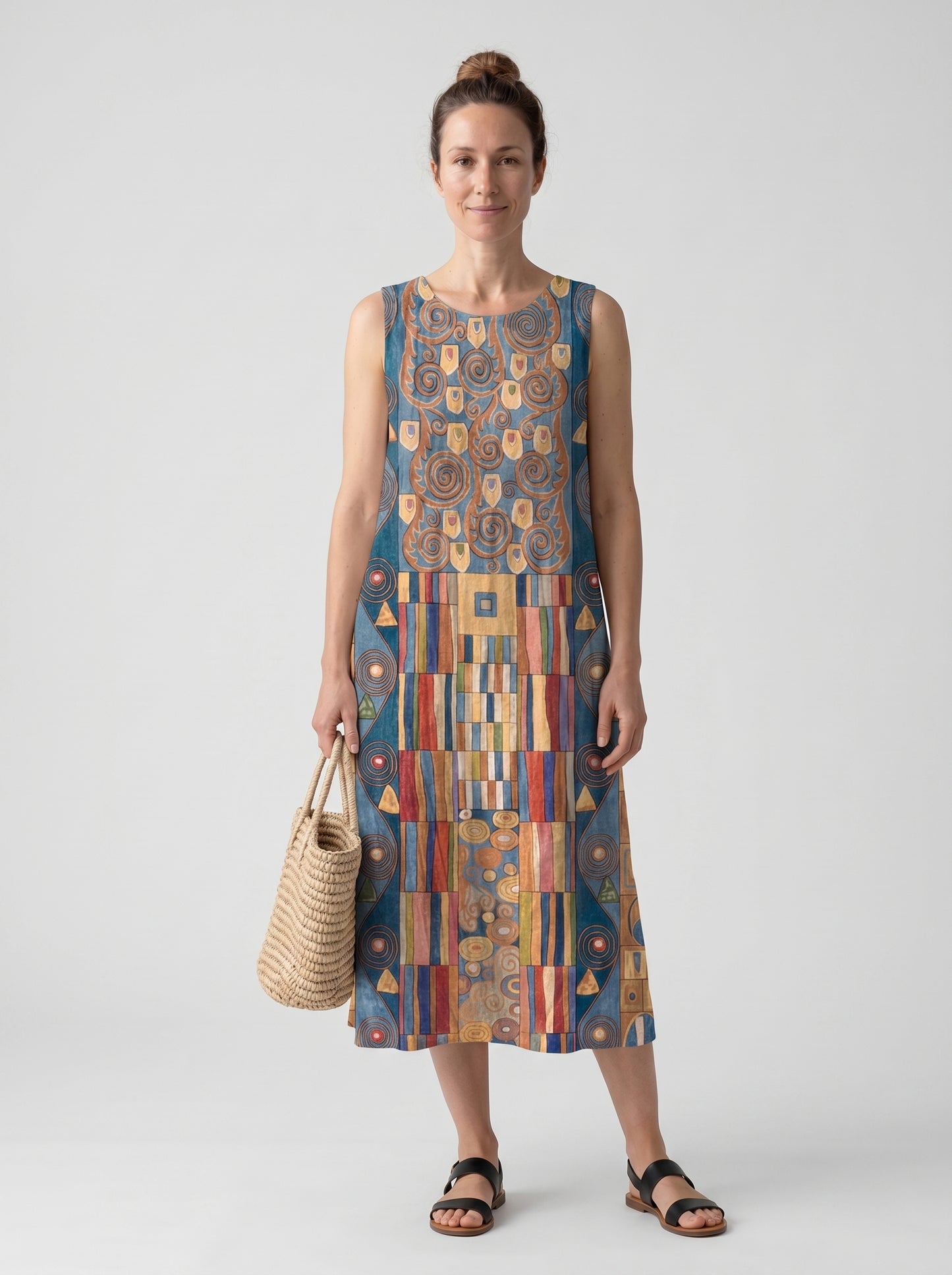 Iris | Artistic Print Midi Sundress with Sleeveless Relaxed Fit — front