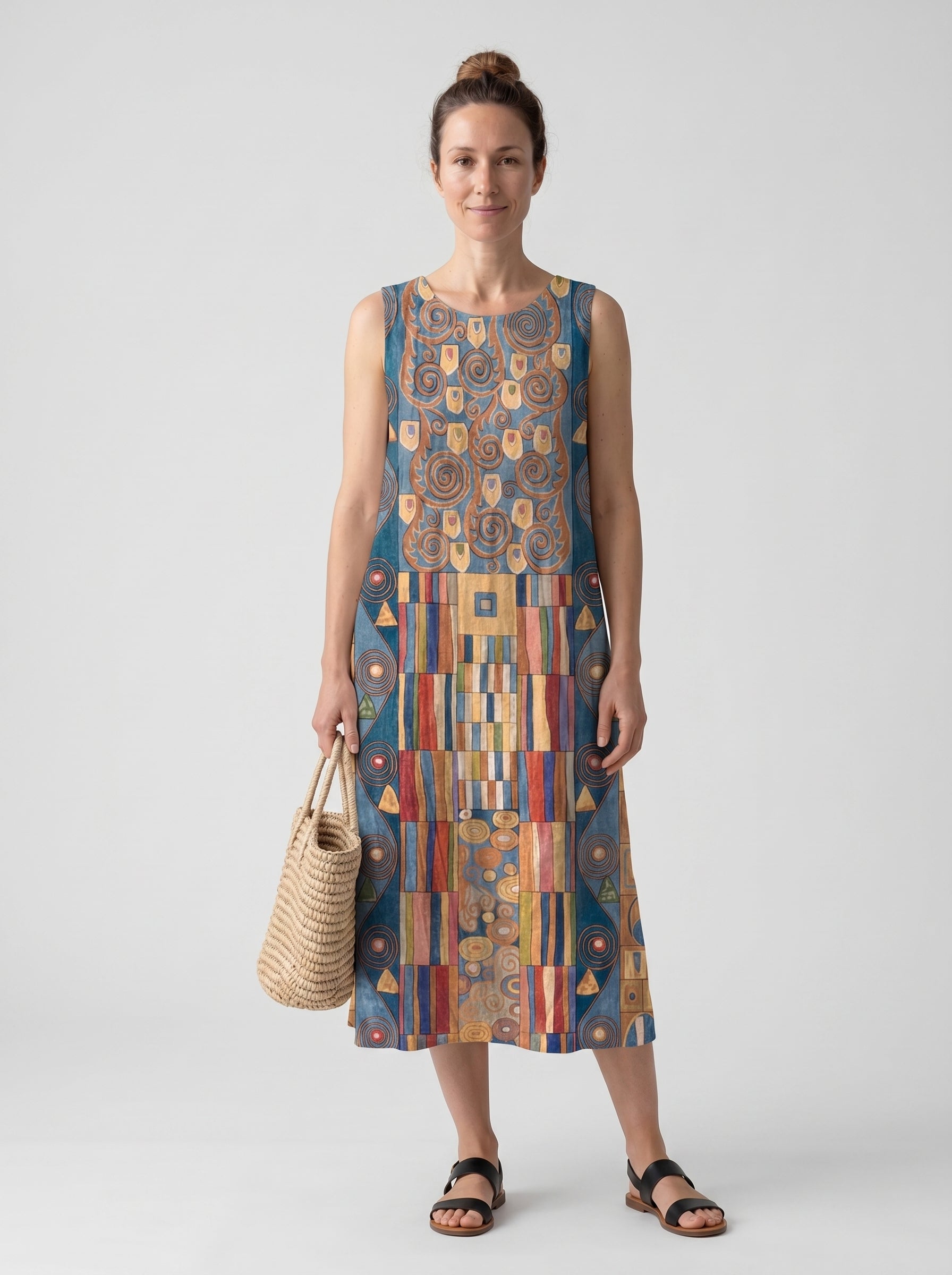 Iris | Artistic Print Midi Sundress with Sleeveless Relaxed Fit — front