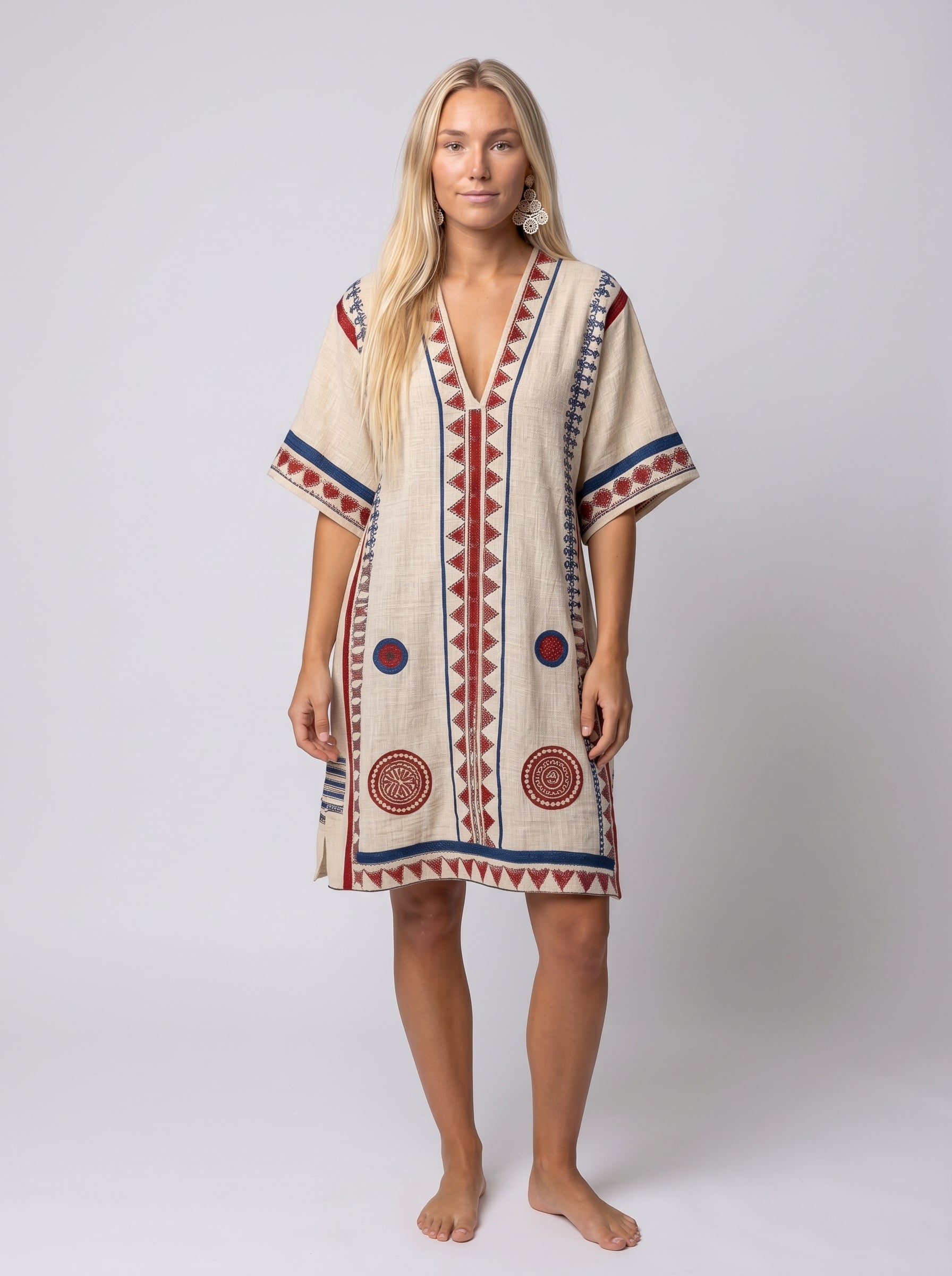 Isla | Boho Midi Dress with Tribal Embroidery & V-Neck — front