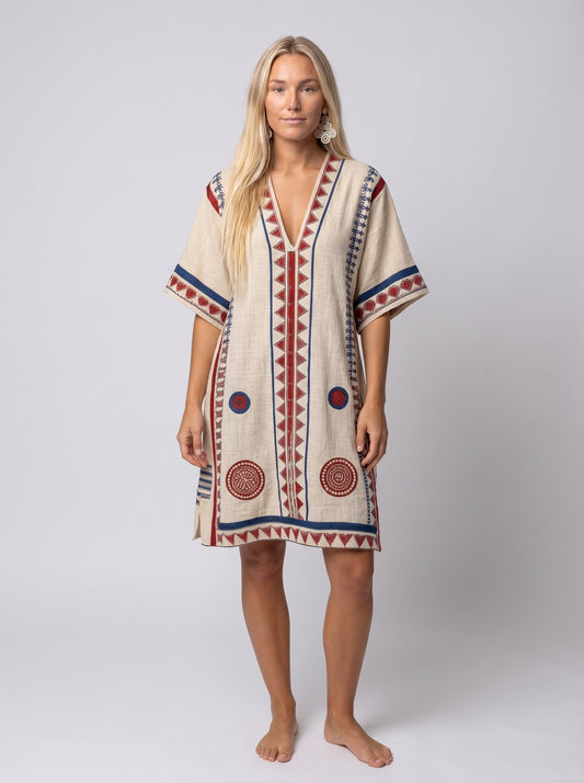 Isla | Boho Midi Dress with Tribal Embroidery & V-Neck — front
