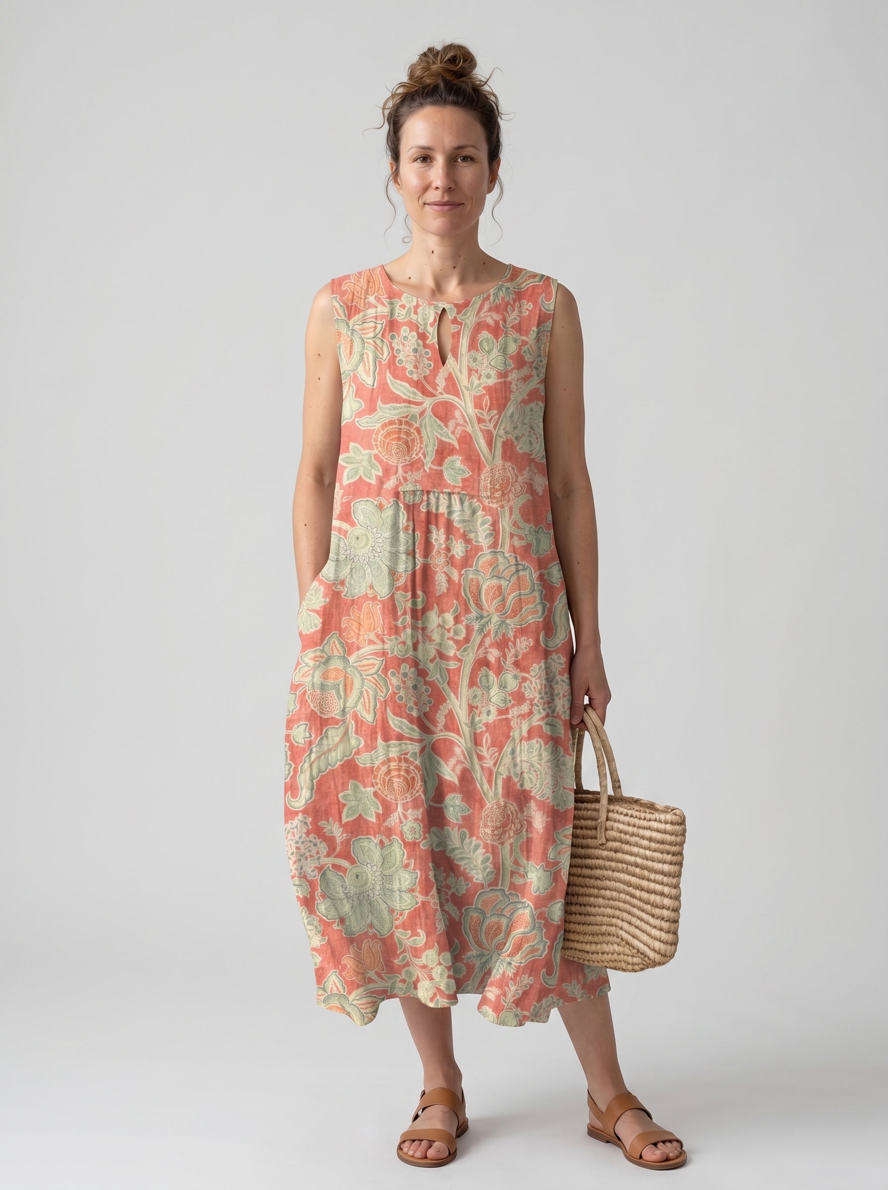 Isla | Floral Midi Sundress Sleeveless with Relaxed Gathered Waist — front