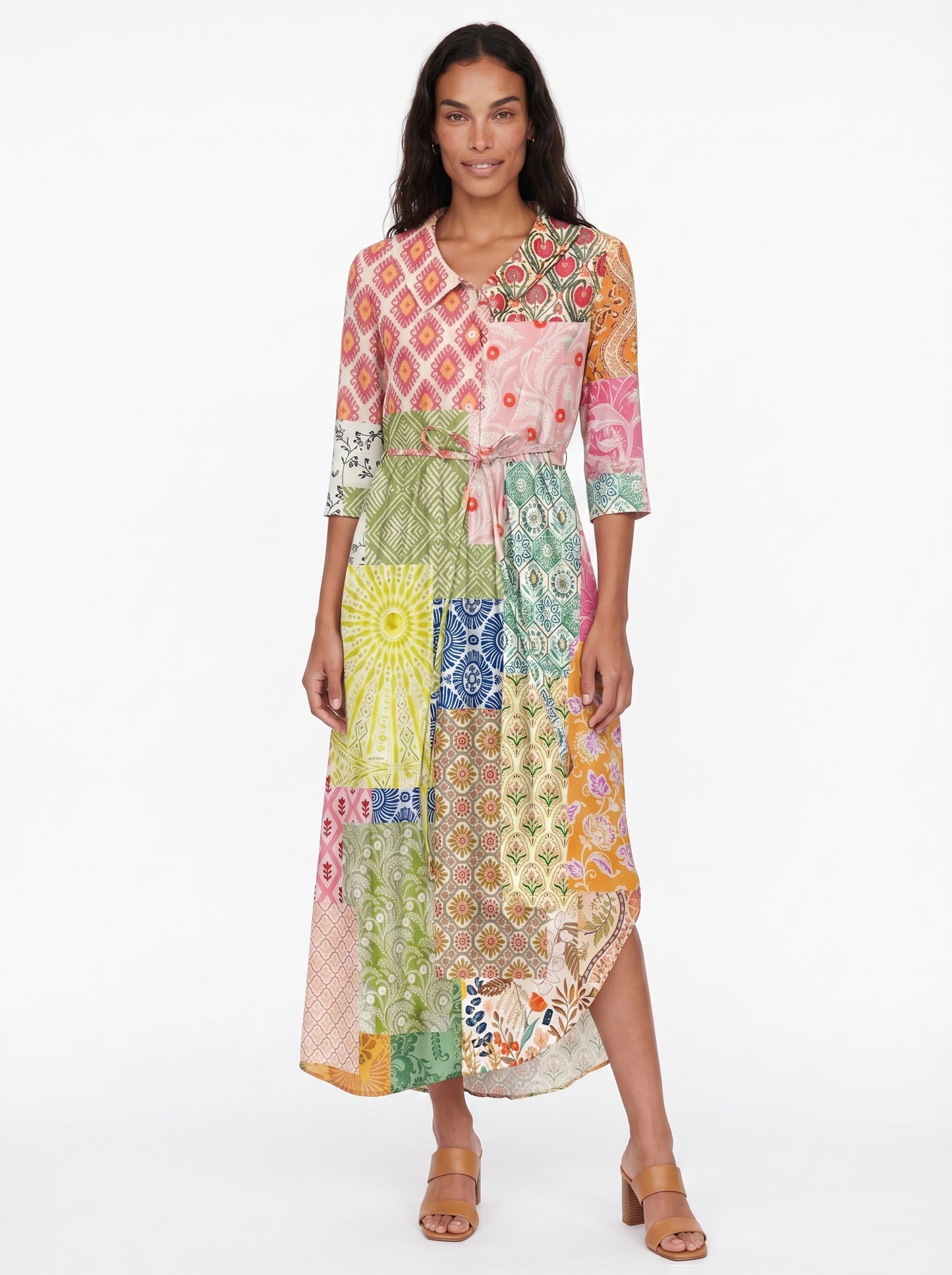 Lea | Boho Floral Maxi Dress with Patchwork Print — front