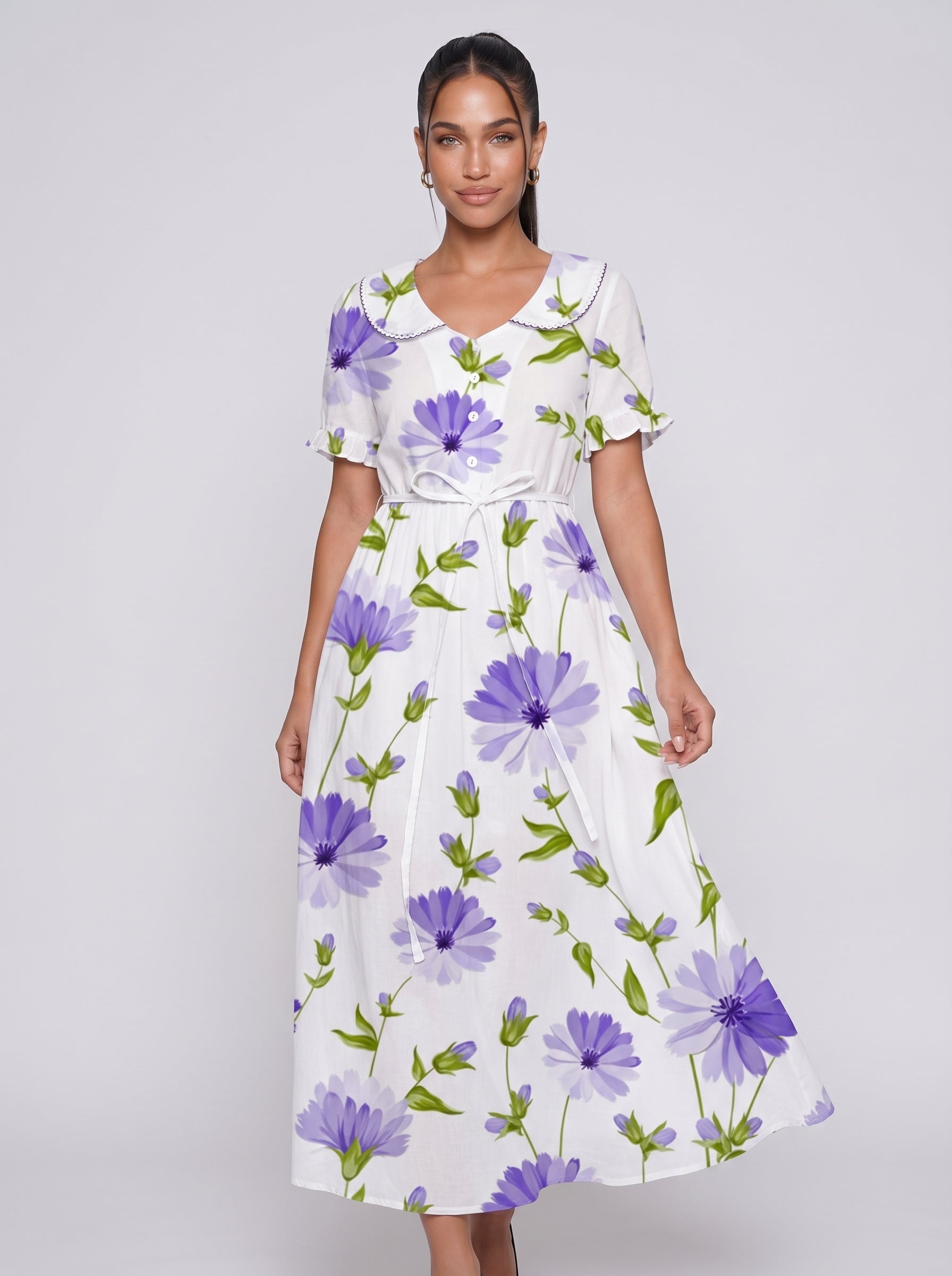 Lea | Charming Floral Maxi Dress with Tie Waist & Doll Collar — front
