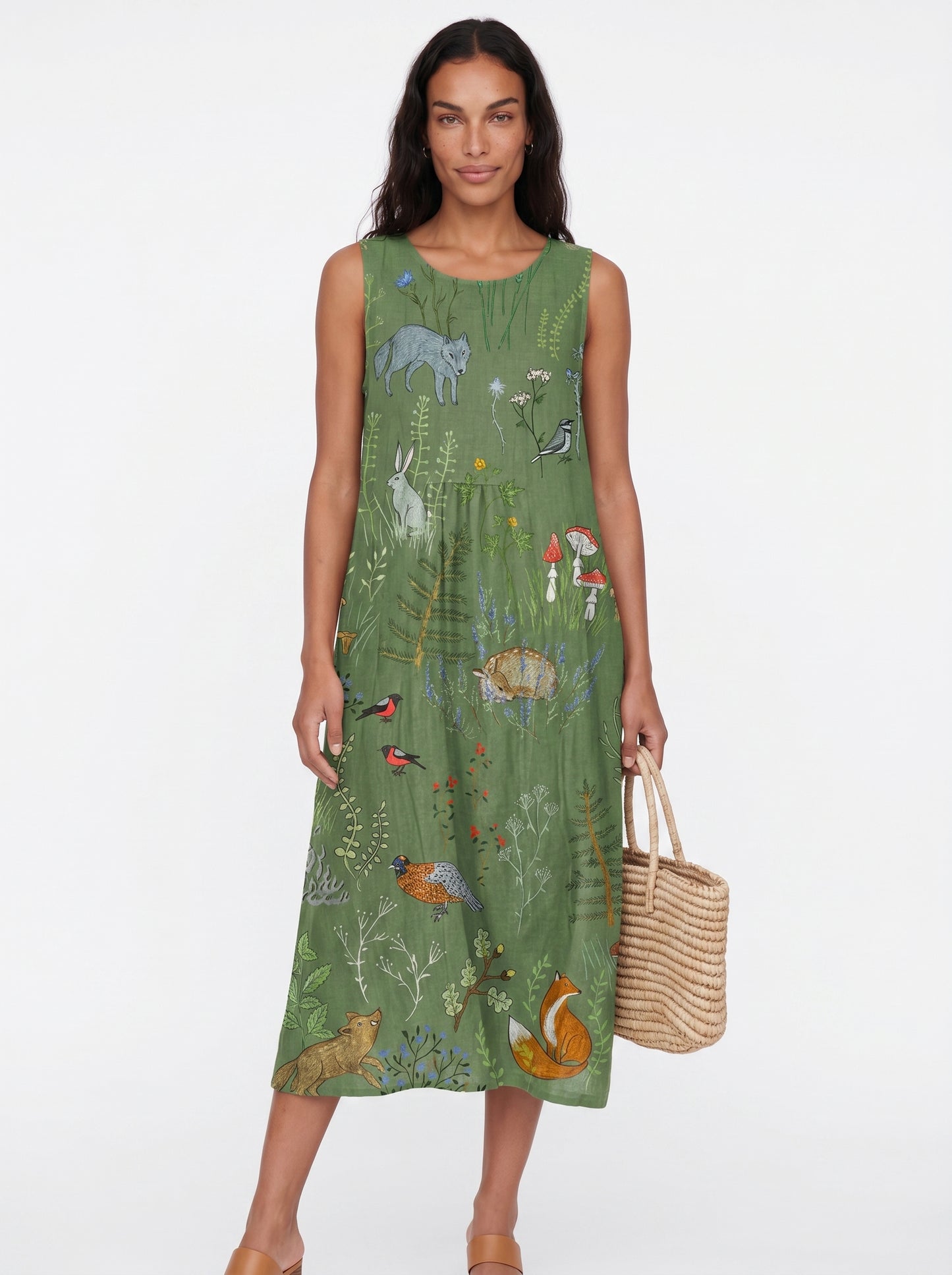 Lea | Charming Floral Midi Sundress with Forest Animal Print — front