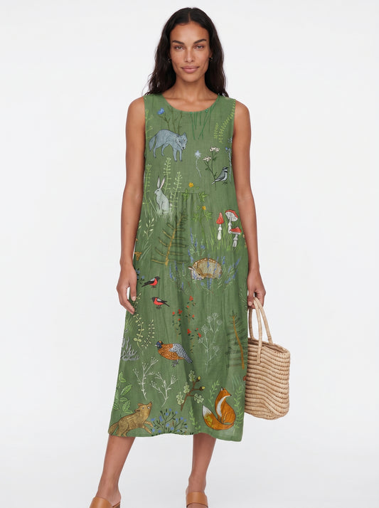 Lea | Charming Floral Midi Sundress with Forest Animal Print — front