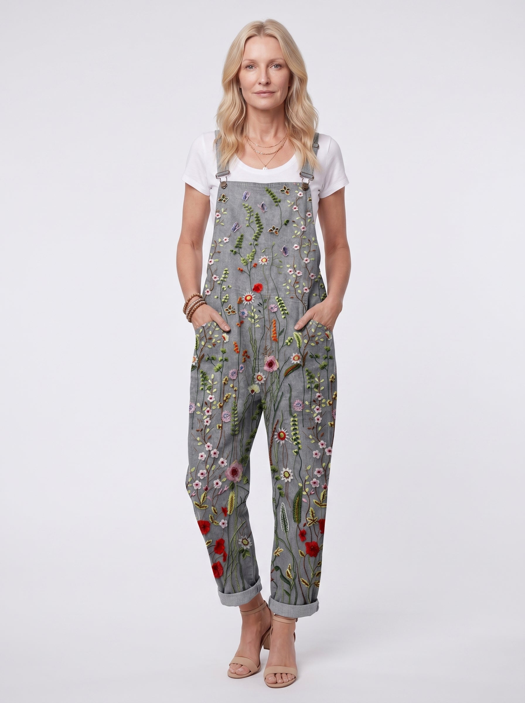 Liv - Women's Dungaree Jumpsuit with Embroidery Floral Print and Side Pockets — front