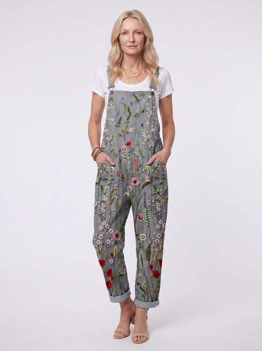 Liv - Women's Dungaree Jumpsuit with Embroidery Floral Print and Side Pockets — front