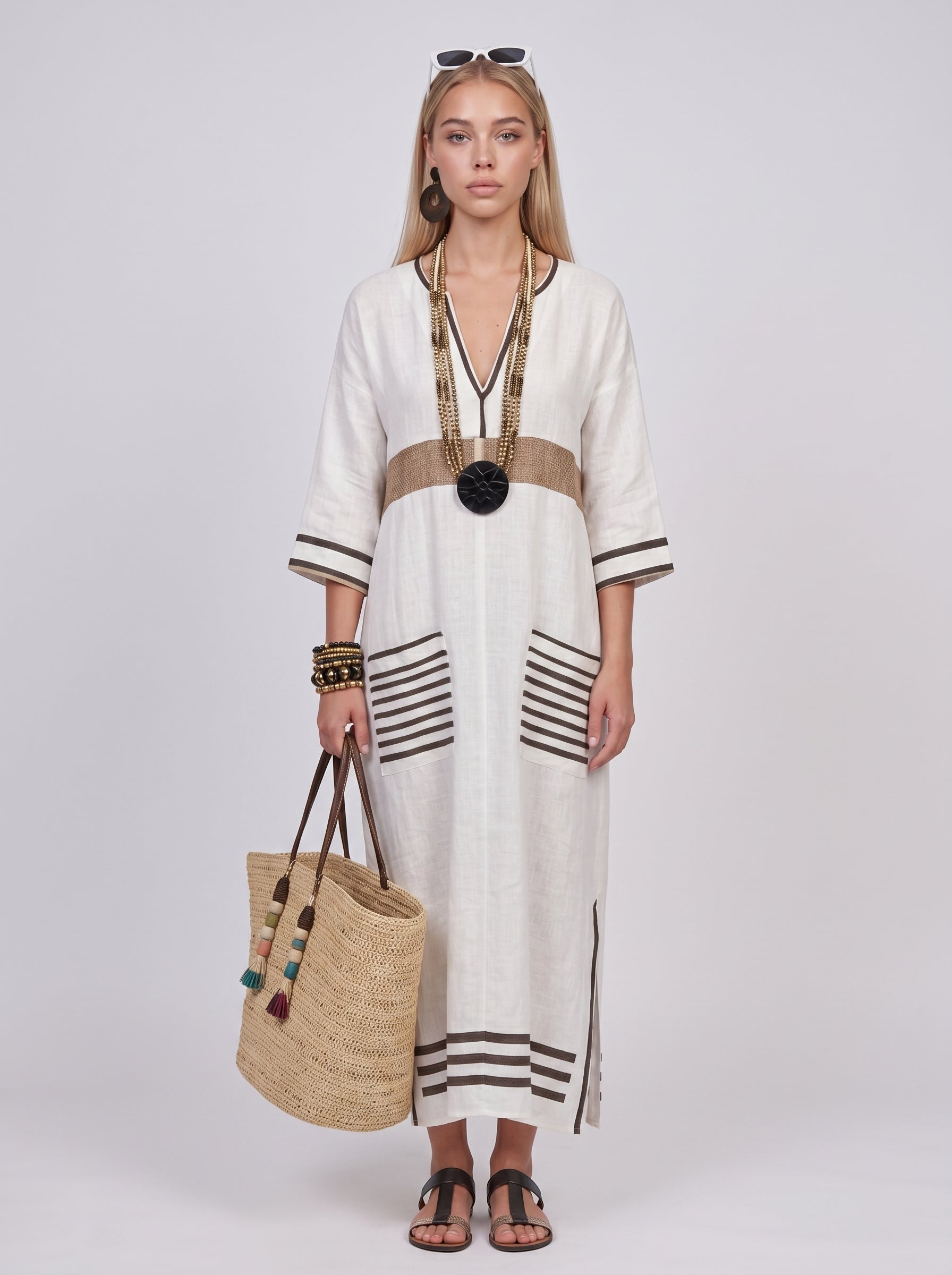 Luna | Effortless Linen Maxi Dress with Stripe Trim Detail — Black_front