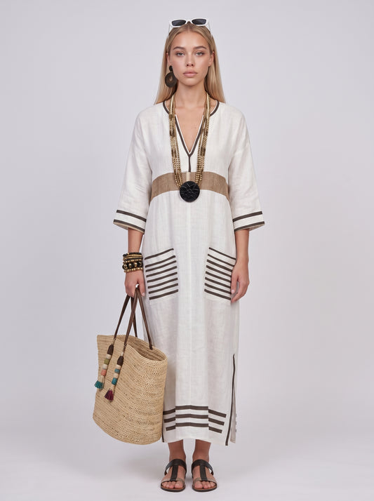 Luna | Effortless Linen Maxi Dress with Stripe Trim Detail — Black_front