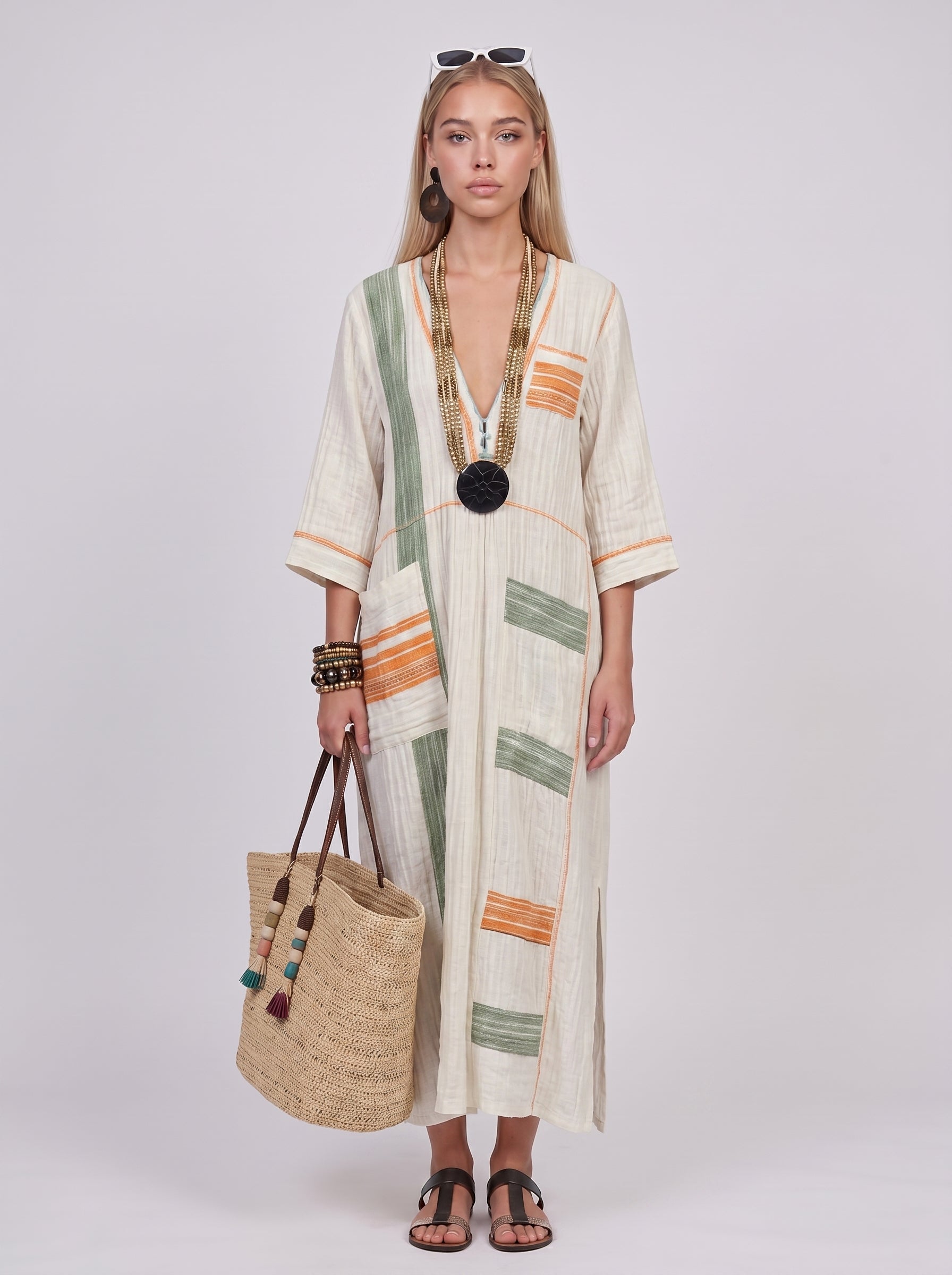 Luna | Effortless Linen Maxi Dress with Stripe Trim Detail — Green_front
