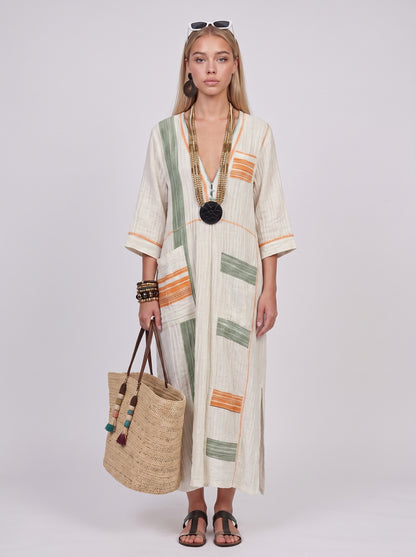Luna | Effortless Linen Maxi Dress with Stripe Trim Detail — Green_front