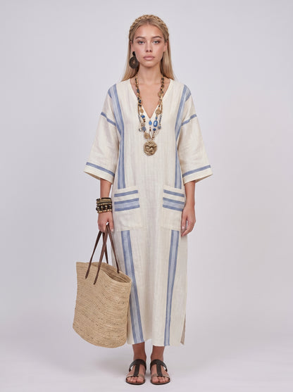 Luna | Effortless Linen Maxi Dress with Stripe Trim Detail — Light Blue_front