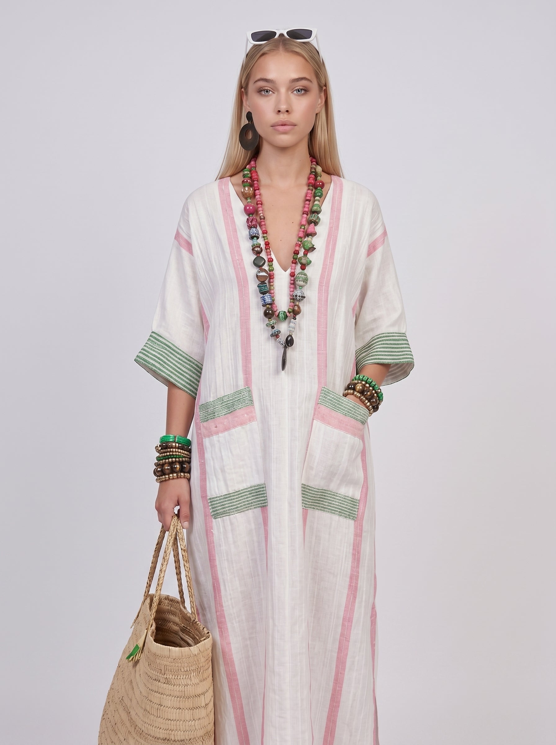 Luna | Effortless Linen Maxi Dress with Stripe Trim Detail — Light Pink_front