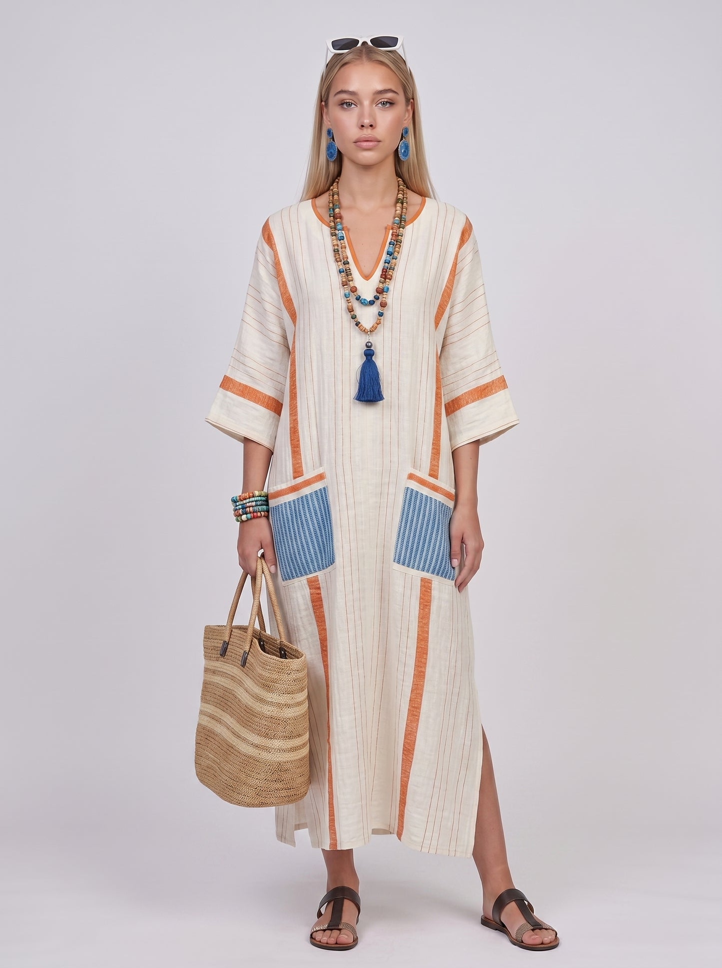 Luna | Effortless Linen Maxi Dress with Stripe Trim Detail — Orange_front