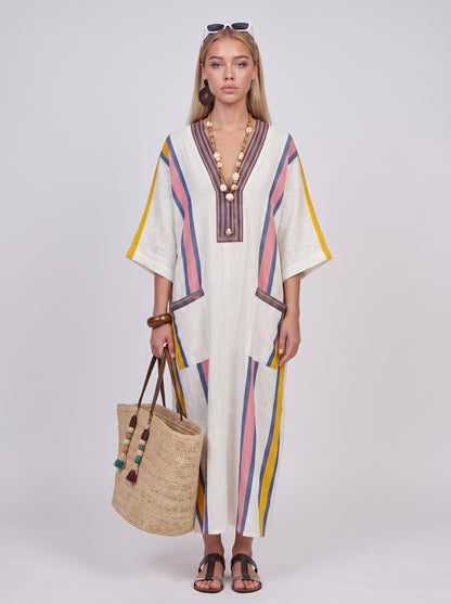 Luna | Effortless Linen Maxi Dress with Stripe Trim Detail — Pink_front