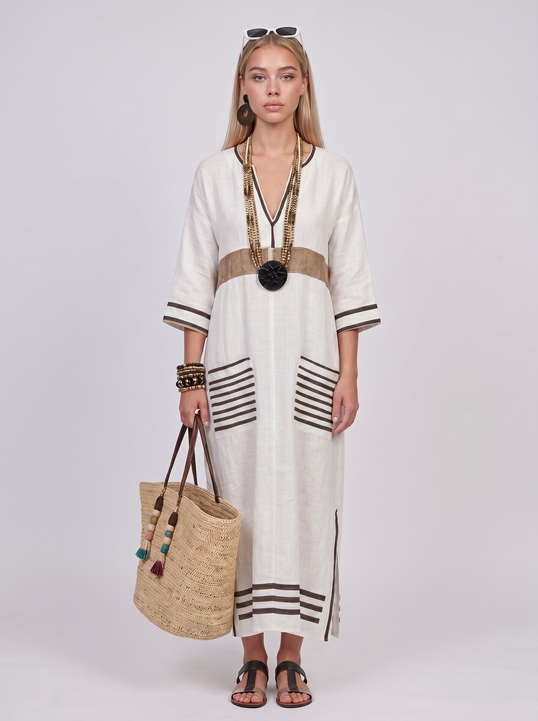 Luna | Effortless Linen Maxi Dress with Stripe Trim Detail — Yellow_front