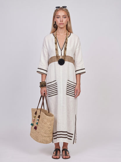 Luna | Effortless Linen Maxi Dress with Stripe Trim Detail — Yellow_front