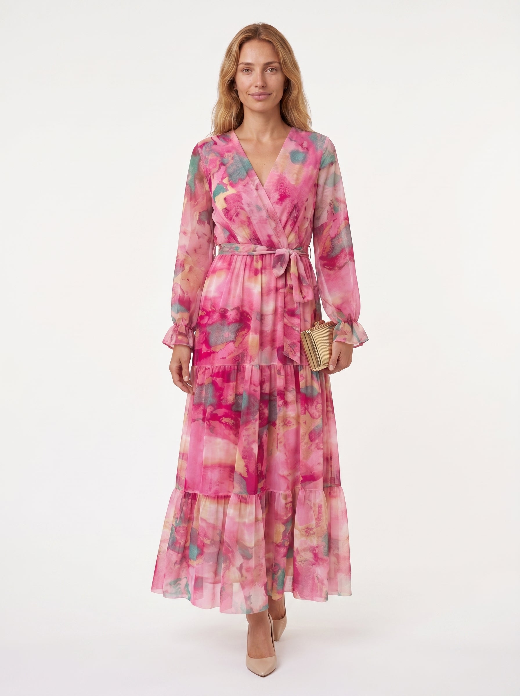 Luna | Floral Maxi Dress Long Sleeve Flowy Wrap with Tiered Skirt — front