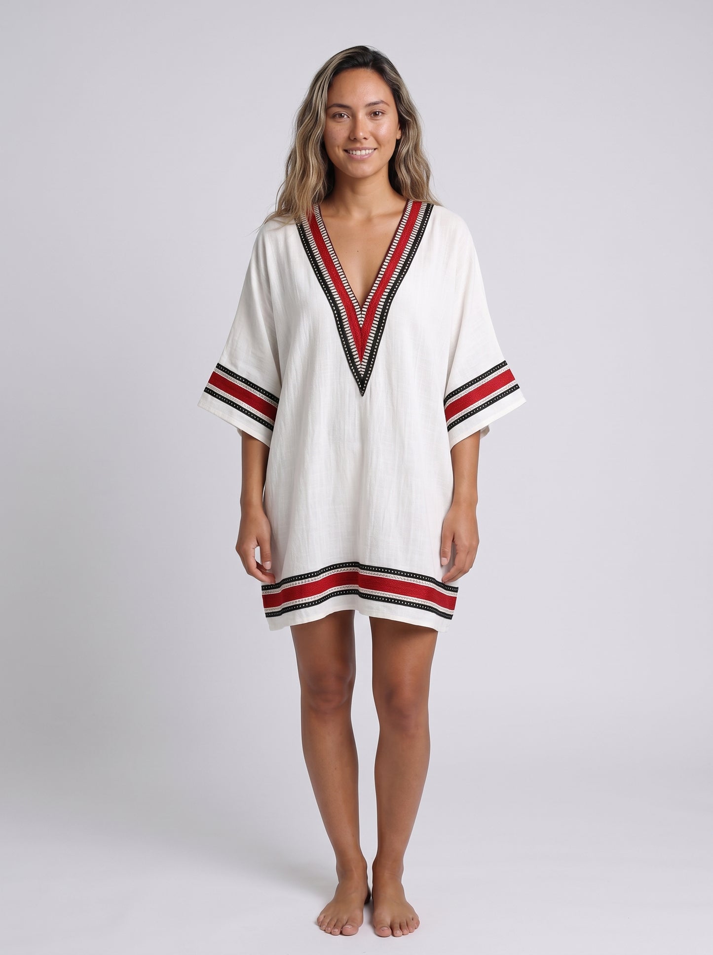 Maya | Breezy Boho Mini Dress with Striped V-Neck Trim — front