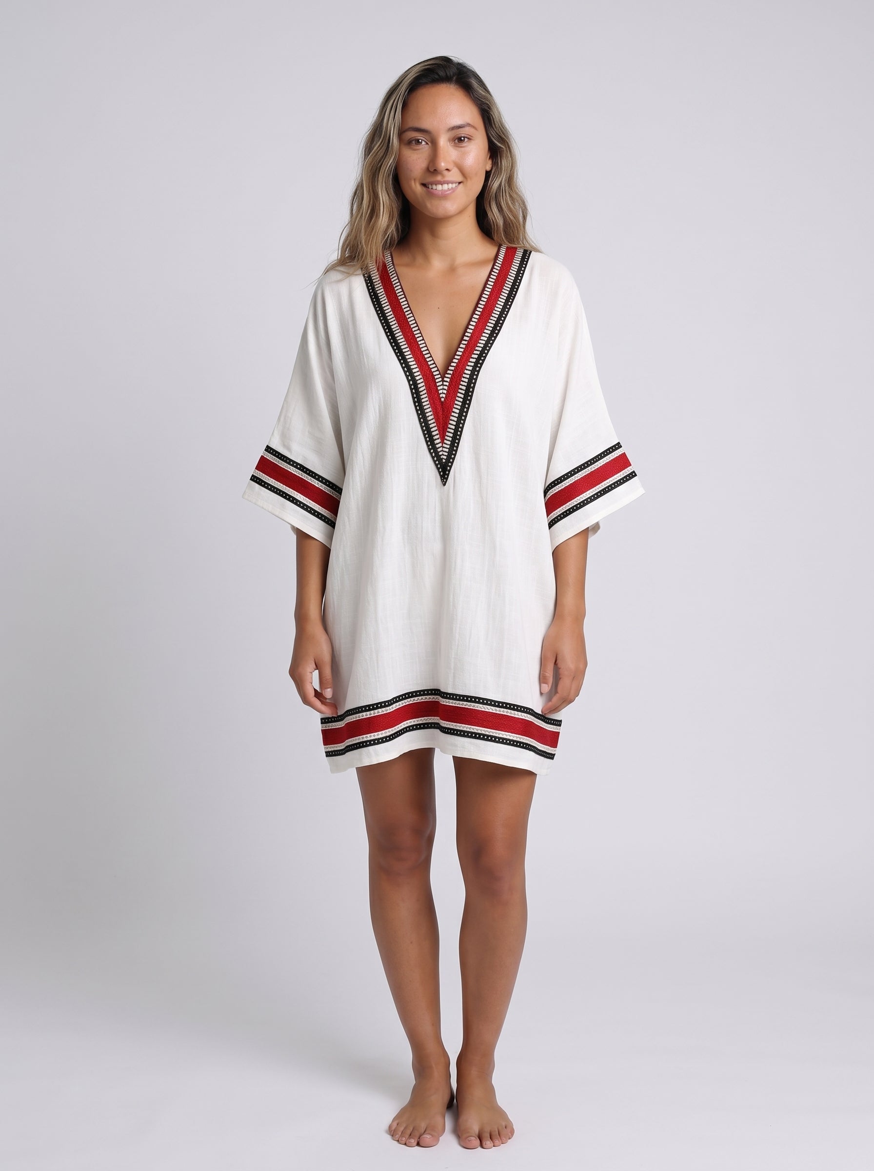 Maya | Breezy Boho Mini Dress with Striped V-Neck Trim — front
