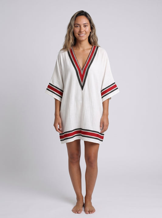 Maya | Breezy Boho Mini Dress with Striped V-Neck Trim — front
