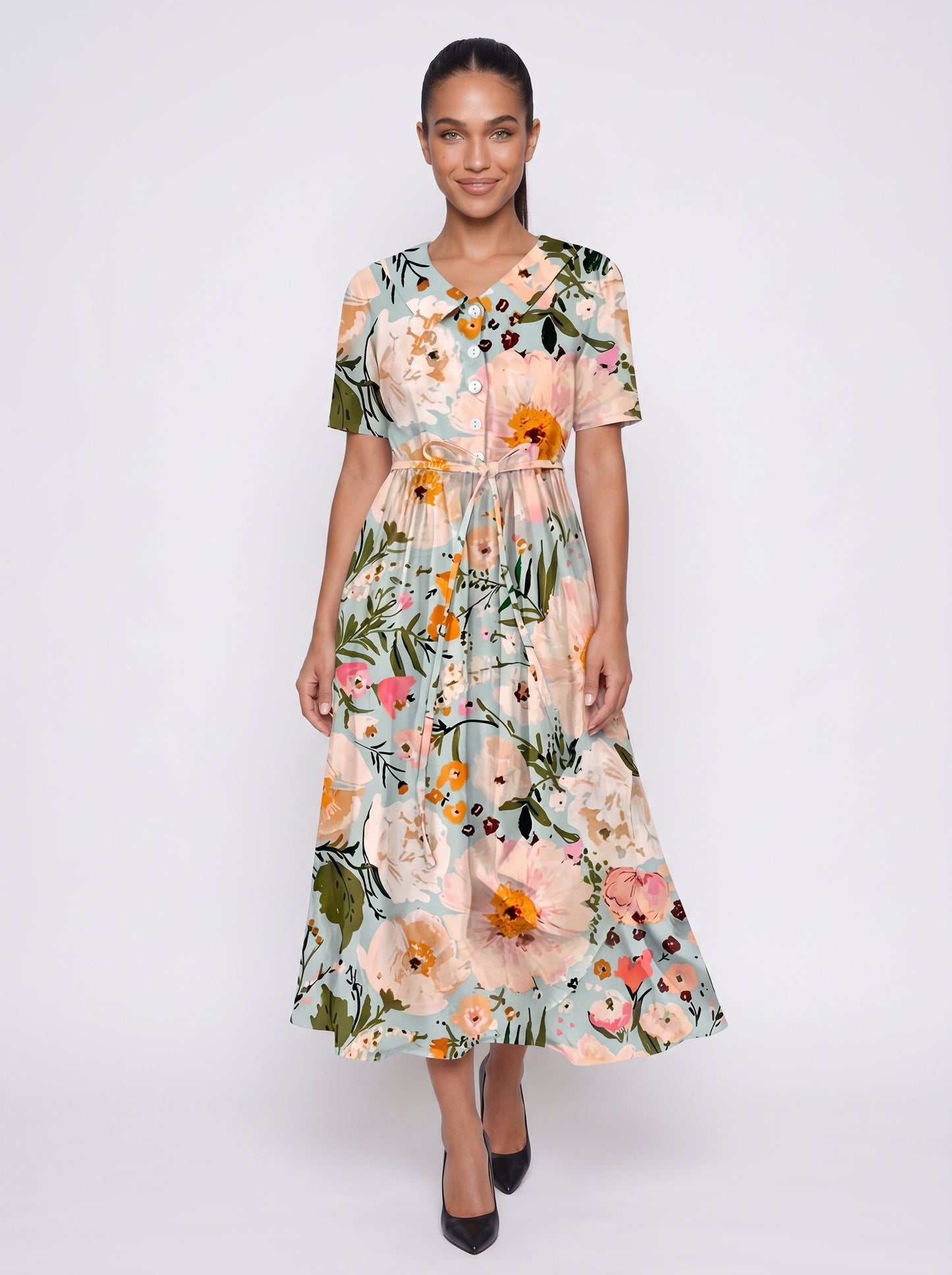 Maya | Floral Maxi Dress with Tie Waist & Button Front — front