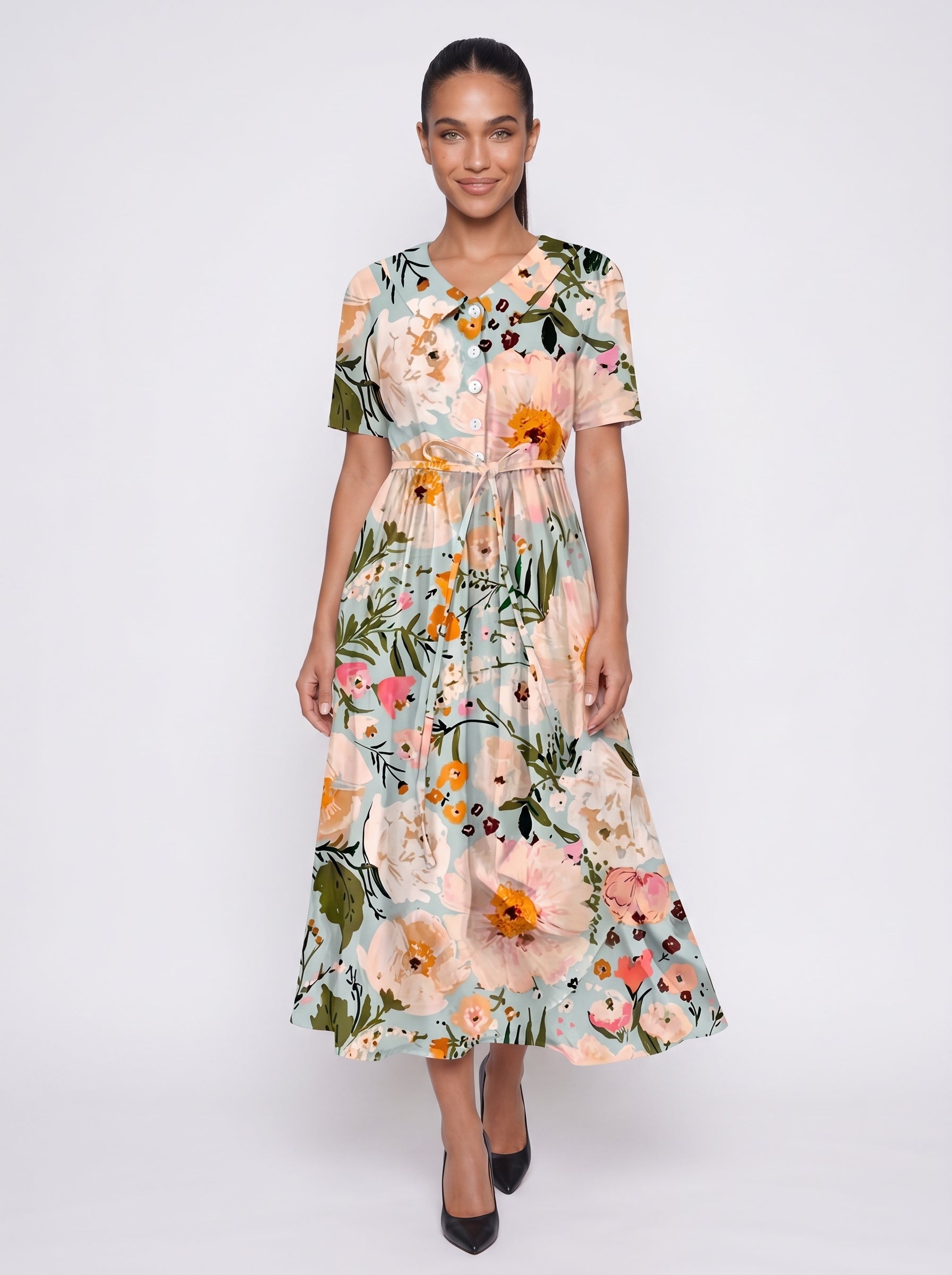 Maya | Floral Maxi Dress with Tie Waist & Button Front — front