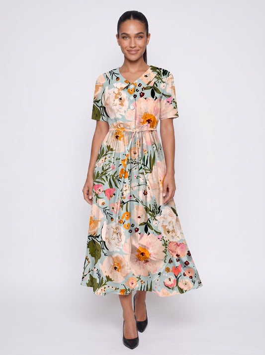 Maya | Floral Maxi Dress with Tie Waist & Button Front — front