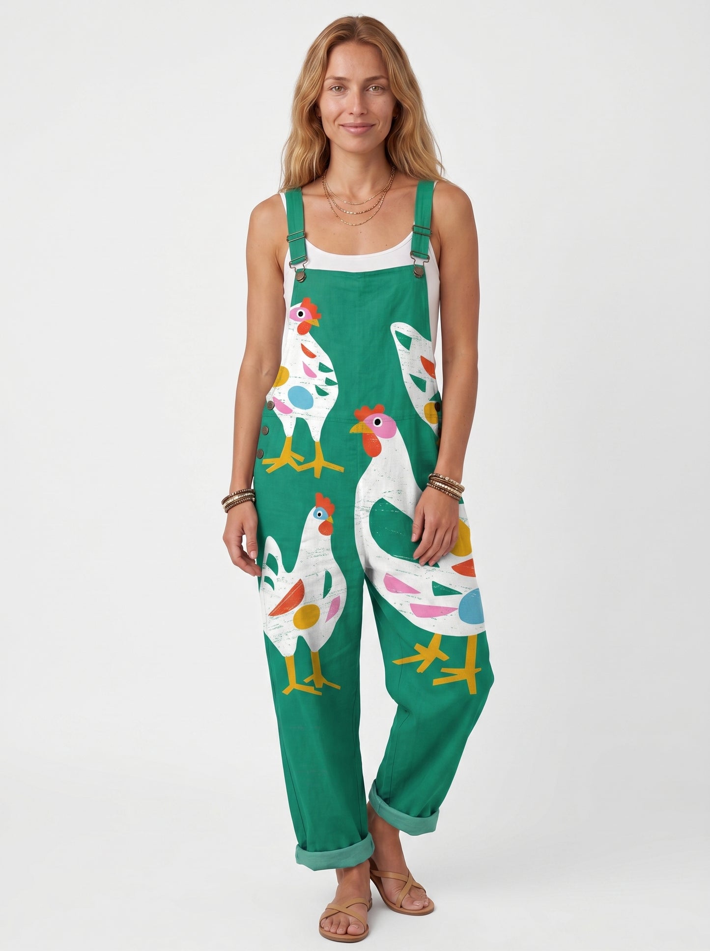Maya | Playful Chicken Print Overalls Jumpsuit with Adjustable Straps — front
