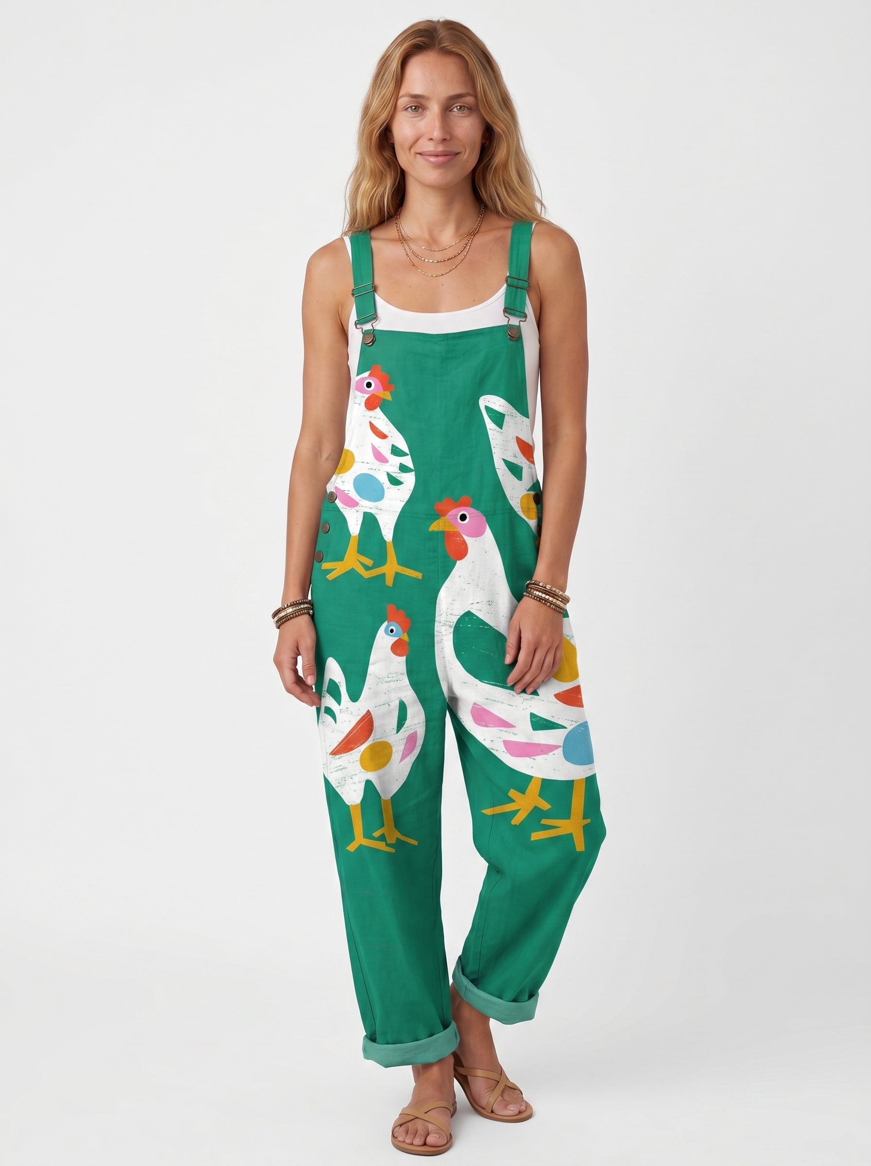 Maya | Playful Chicken Print Overalls Jumpsuit with Adjustable Straps — front
