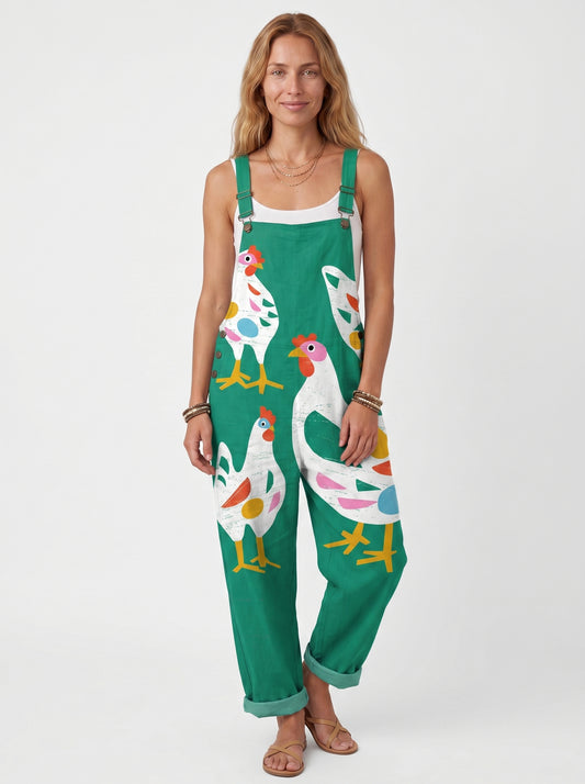 Maya | Playful Chicken Print Overalls Jumpsuit with Adjustable Straps — front
