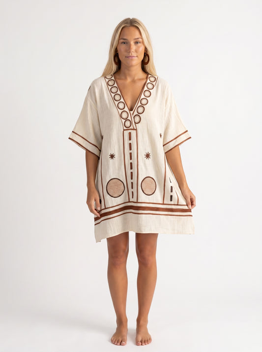 Mia | Boho Embroidered Mini Dress with V-Neckline — front