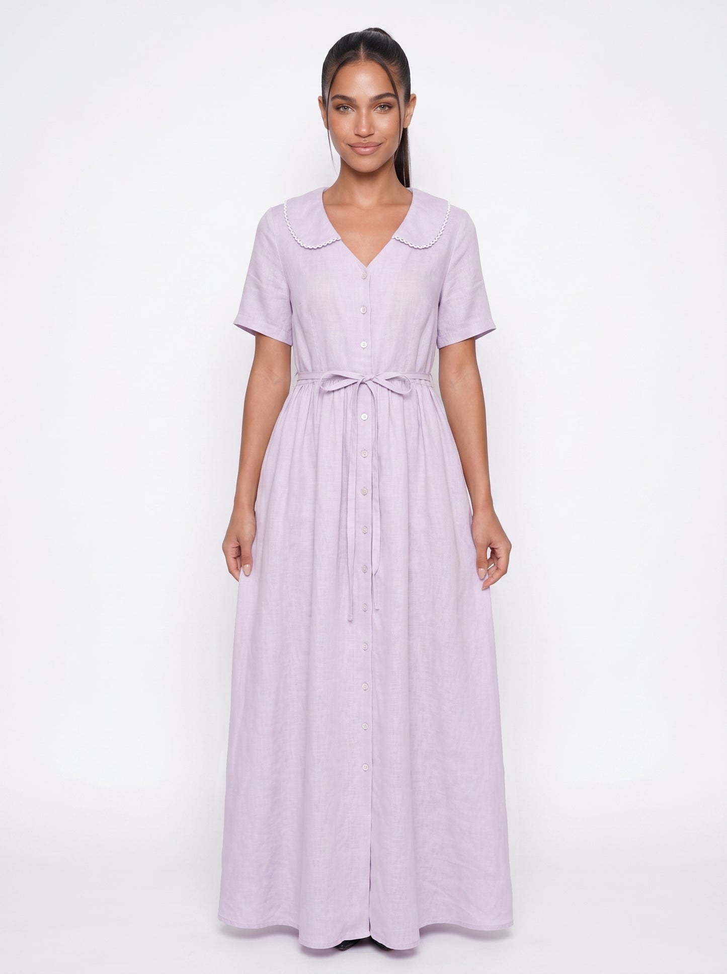 Mia | Charming Flowy Maxi Dress with Peter Pan Collar & Tie Waist — Light purple_front