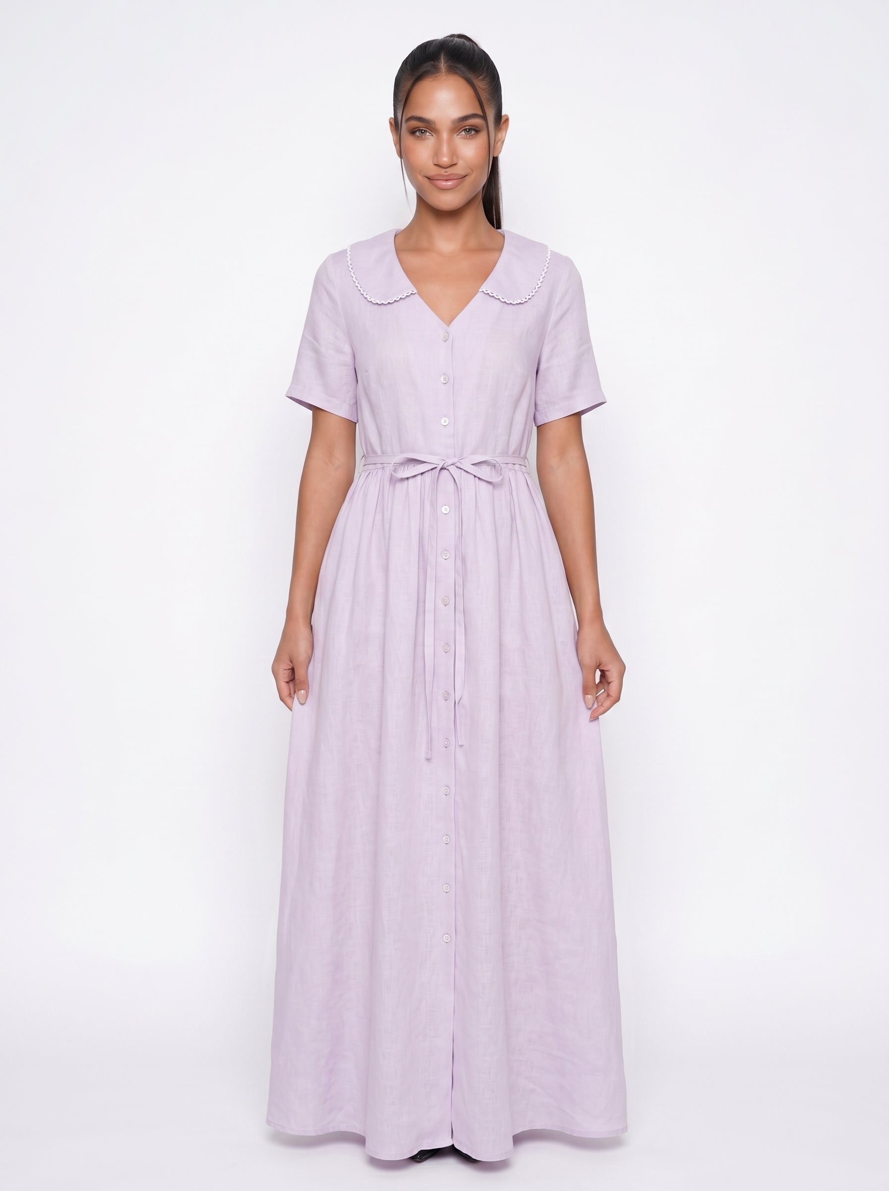 Mia | Charming Flowy Maxi Dress with Peter Pan Collar & Tie Waist — Light purple_front