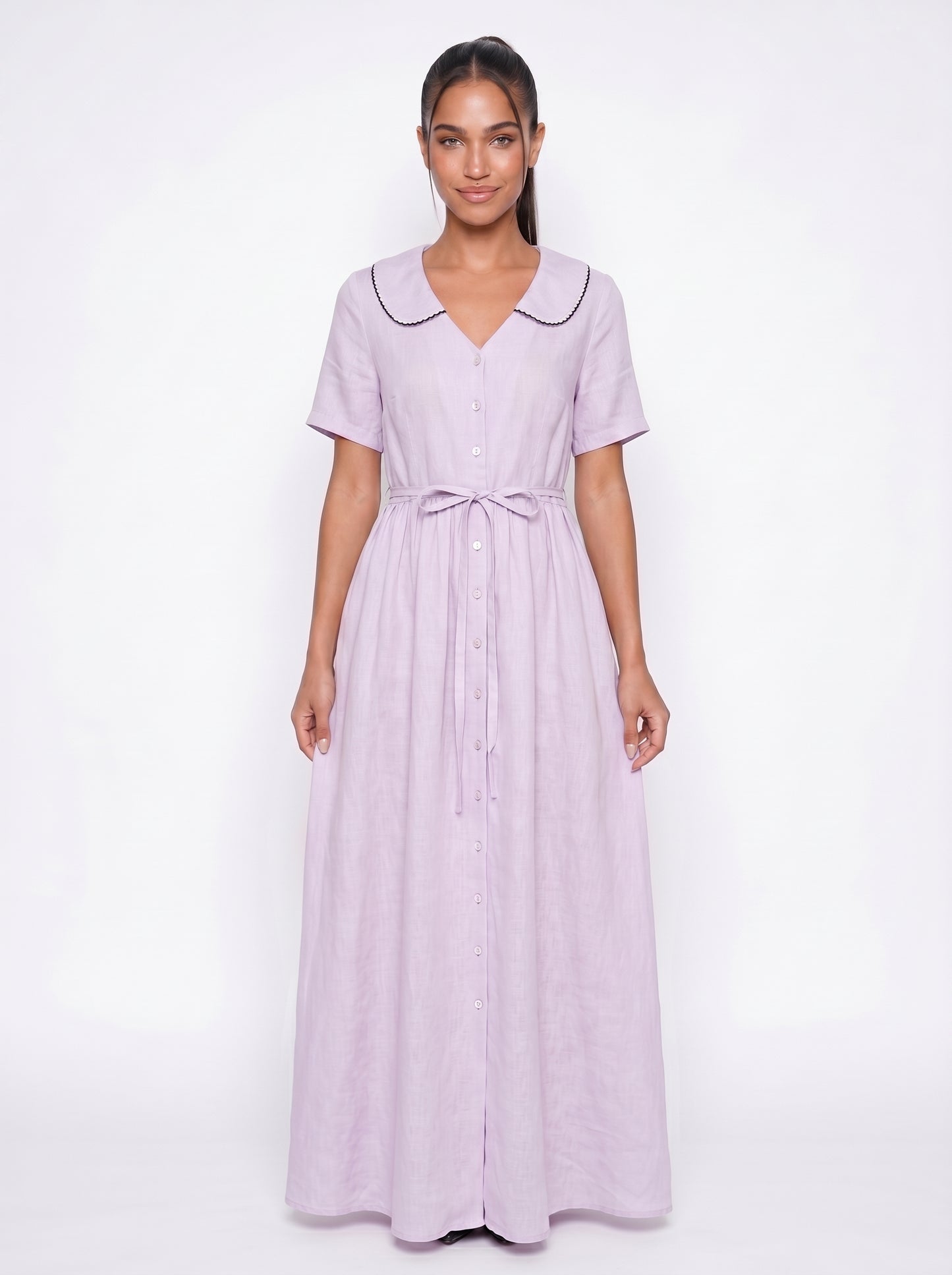 Mia | Charming Flowy Maxi Dress with Peter Pan Collar & Tie Waist — White_front