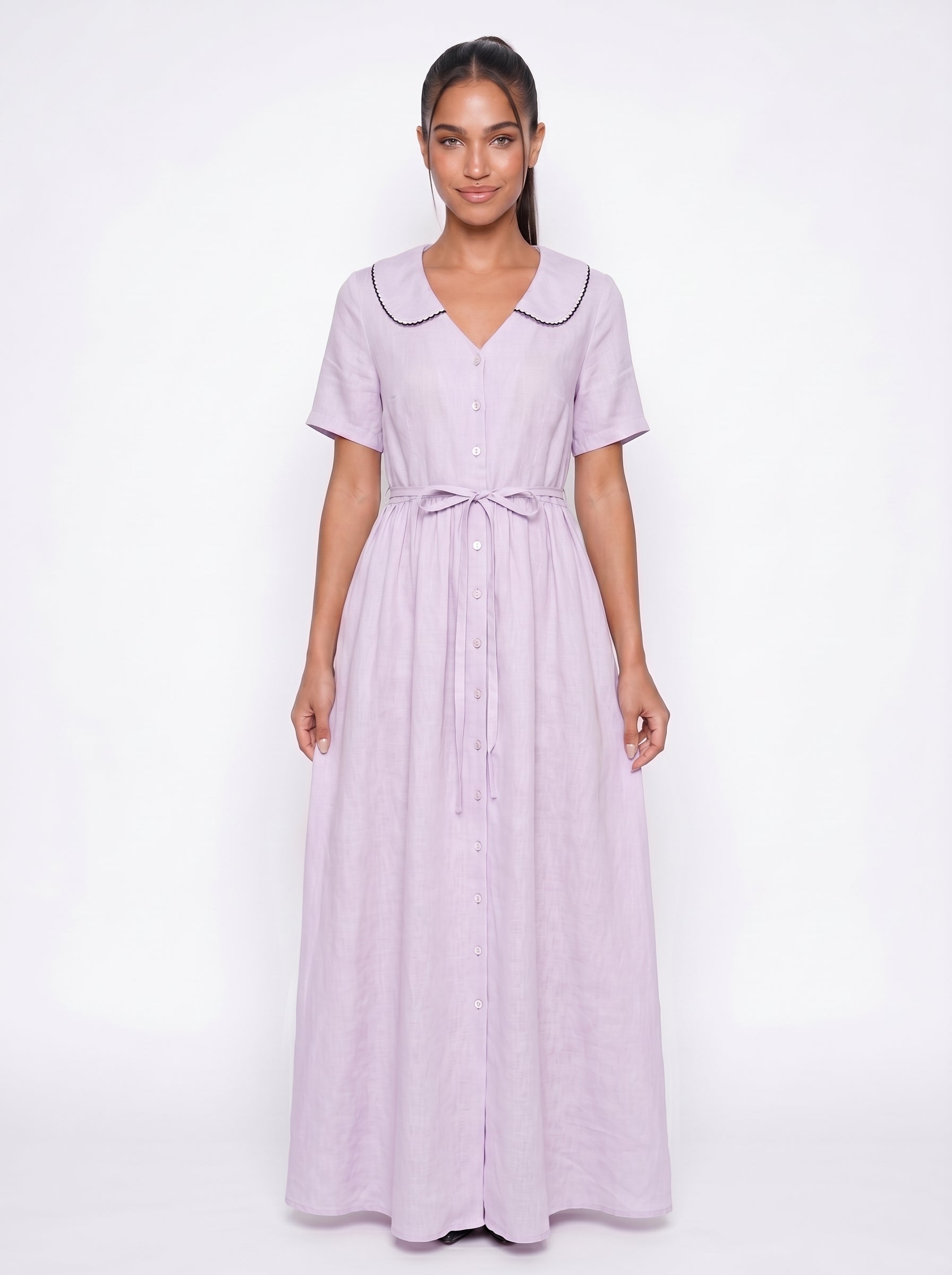 Mia | Charming Flowy Maxi Dress with Peter Pan Collar & Tie Waist — White_front