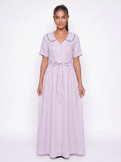Mia | Charming Flowy Maxi Dress with Peter Pan Collar & Tie Waist — White_front