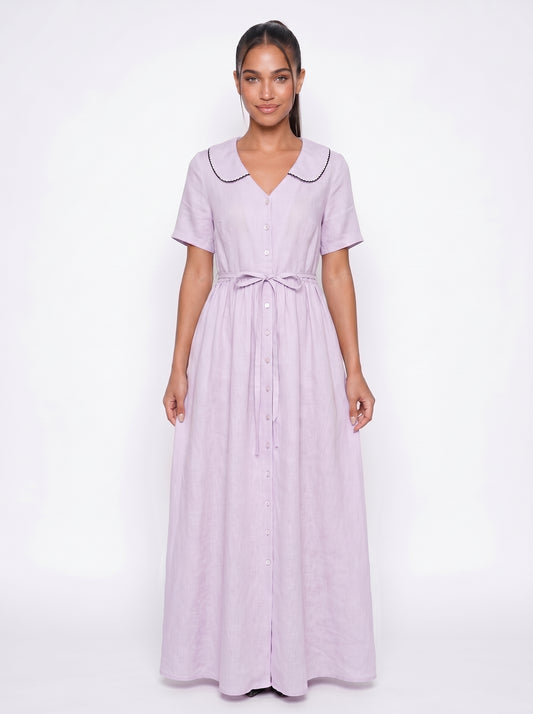 Mia | Charming Flowy Maxi Dress with Peter Pan Collar & Tie Waist — White_front