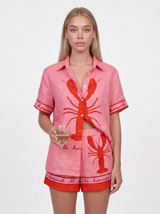 Mia | Floral Print Shirt & Shorts Set with Lobster Graphic — front