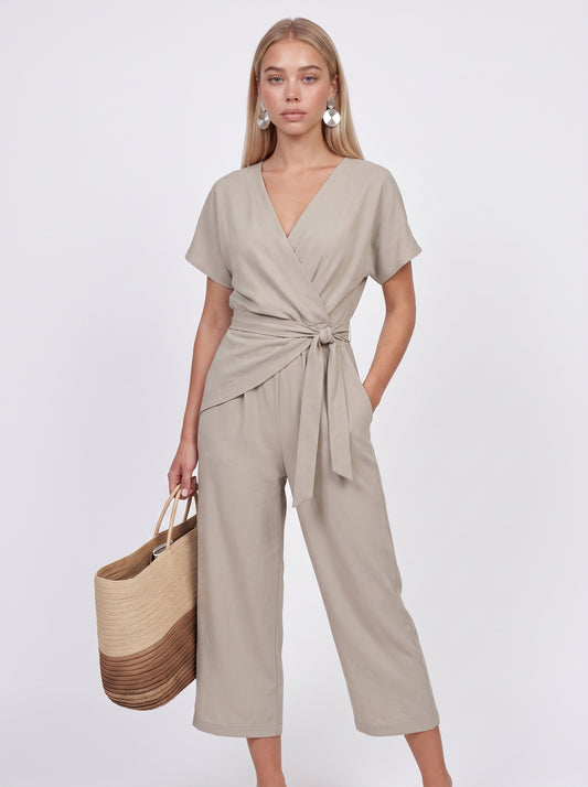 Nora | Elegant Wrap Jumpsuit with Twisted Waist Detail — Apricot_front