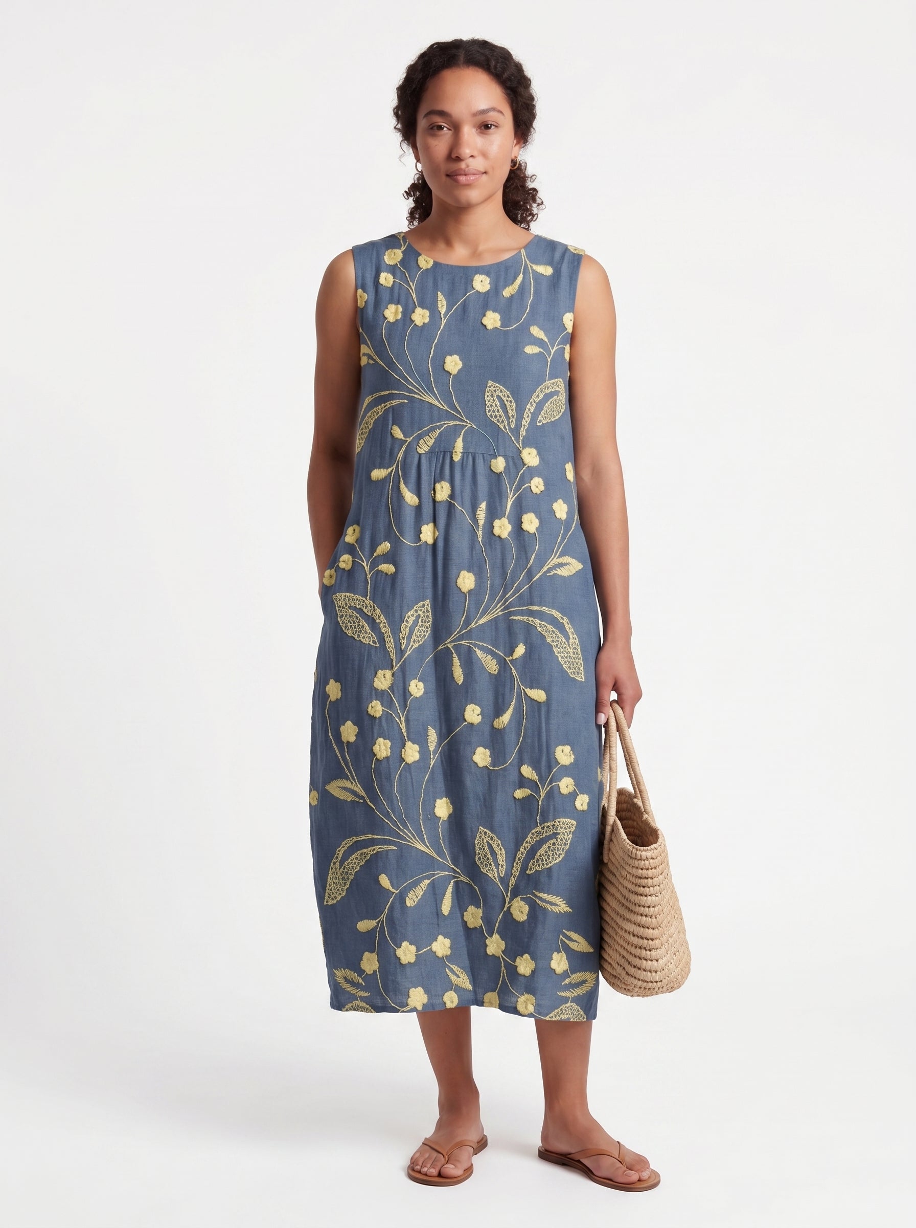 Nora | Floral Midi Sundress Sleeveless with Botanical Embroidery Print — front