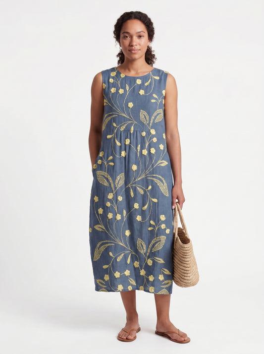 Nora | Floral Midi Sundress Sleeveless with Botanical Embroidery Print — front