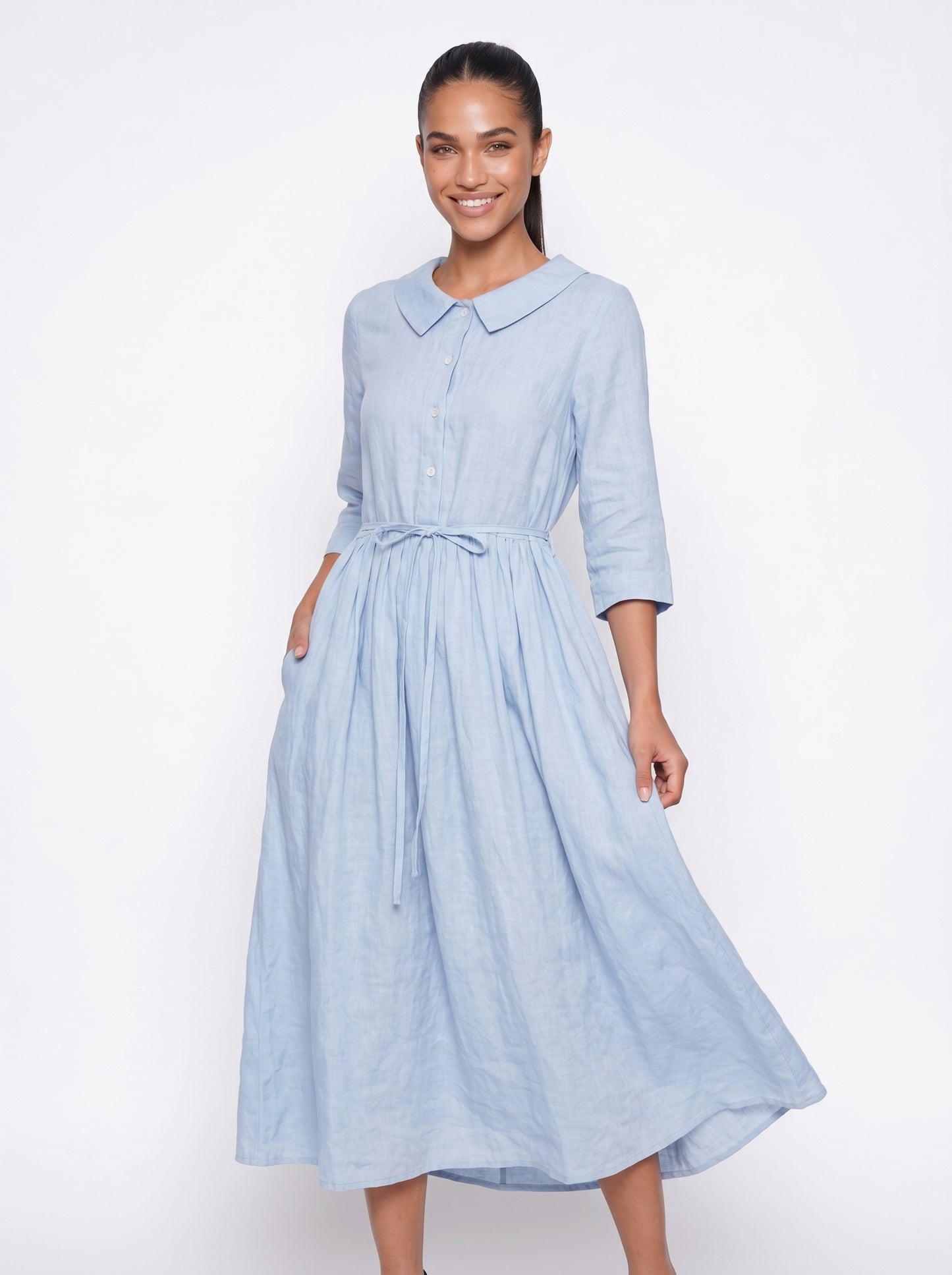 Nora | Flowy Maxi Dress with Tie Waist & Peter Pan Collar — Blue_front