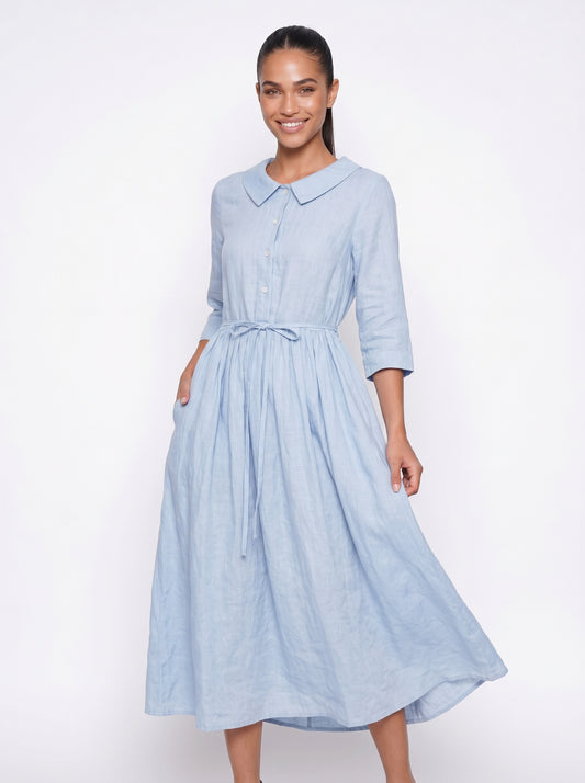 Nora | Flowy Maxi Dress with Tie Waist & Peter Pan Collar — Blue_front
